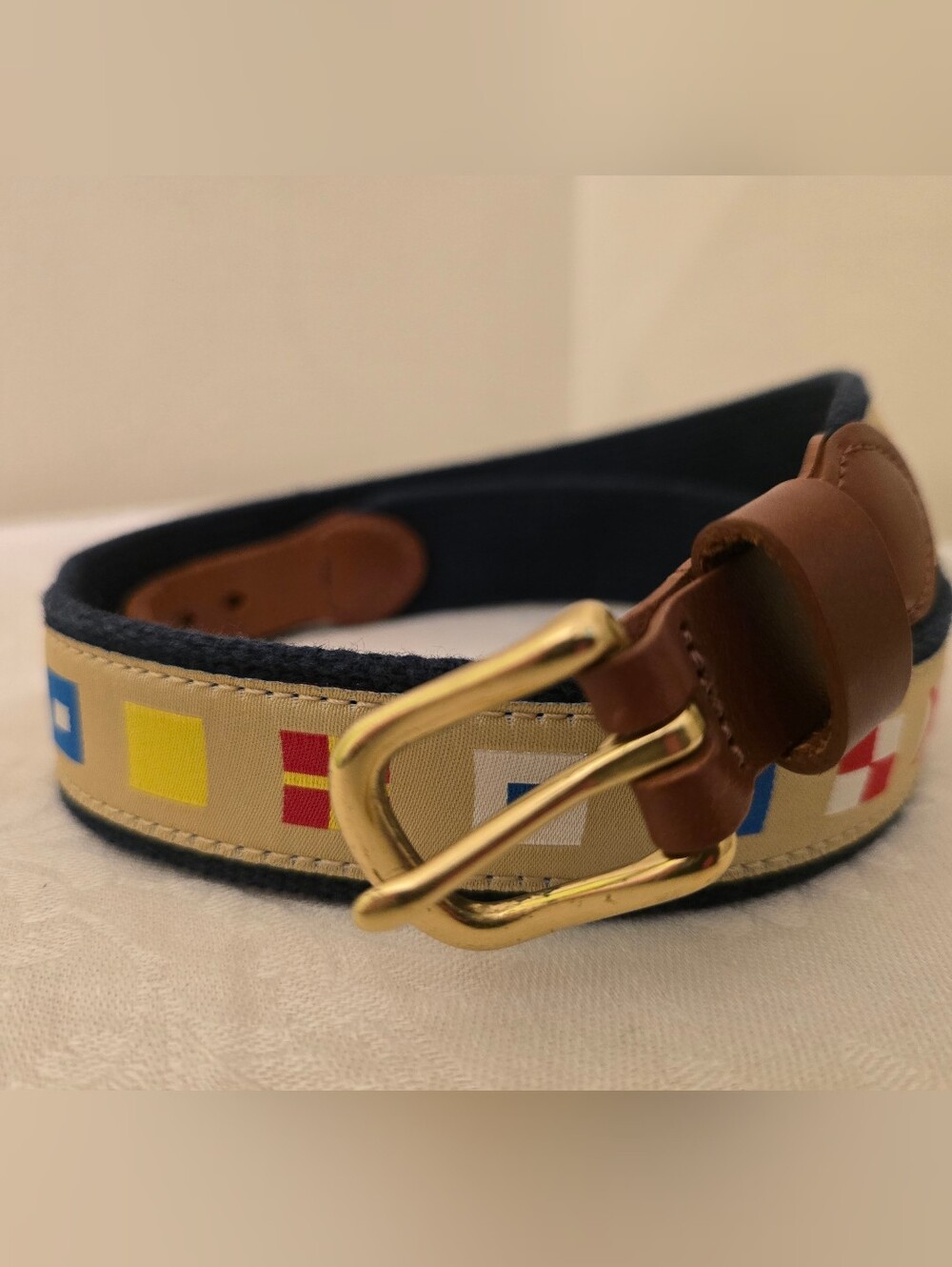 Leather Man Ltd. Men's Nautical Flag Web Belt in Tan and Navy Size 30